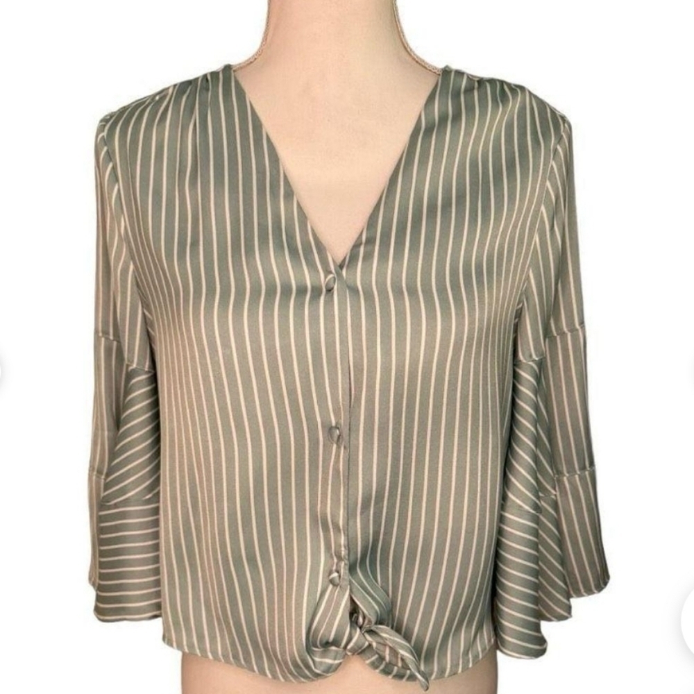 Striped Sage Green V-Neck Button Front Tie Blouse